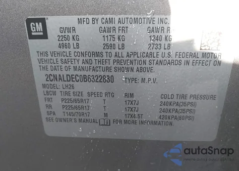 2011 Chevrolet Equinox 1Lt из США, поврежденный, VIN 2CNALDEC0B6322830